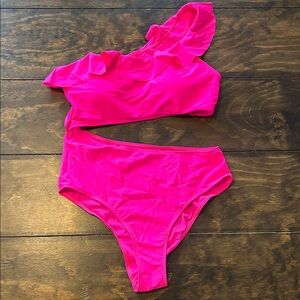 Hot Pink One-Shoulder Ruffle Bikini Set